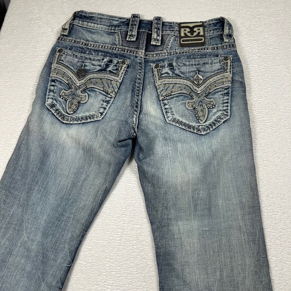 Rock Revival Brayen Boot Jeans Heavy Stitch Fleur-De-Lis Mens 30 Light Blue Wash